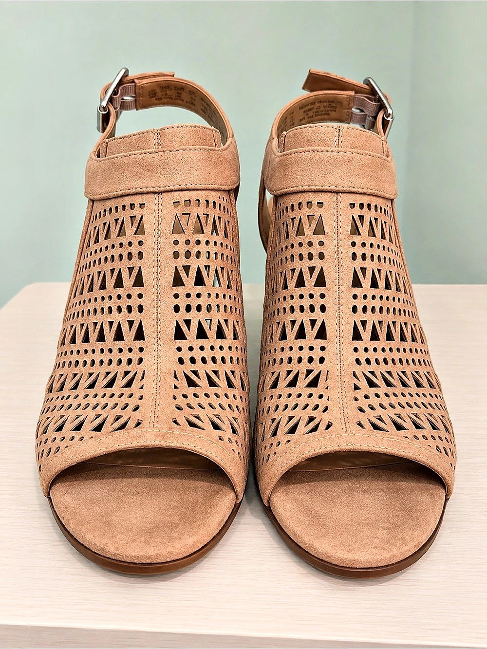 Franco Sarto Makala in Mocha -  Laser-Cut Block Heel Sandals in Brown